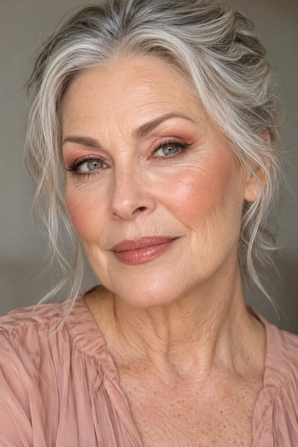 Portrait of a mature woman with gray-green eyes, peach crease shadow, pale lid highlights, softly smoked peach-brown wings, peach blush, and rosewood satin lips.