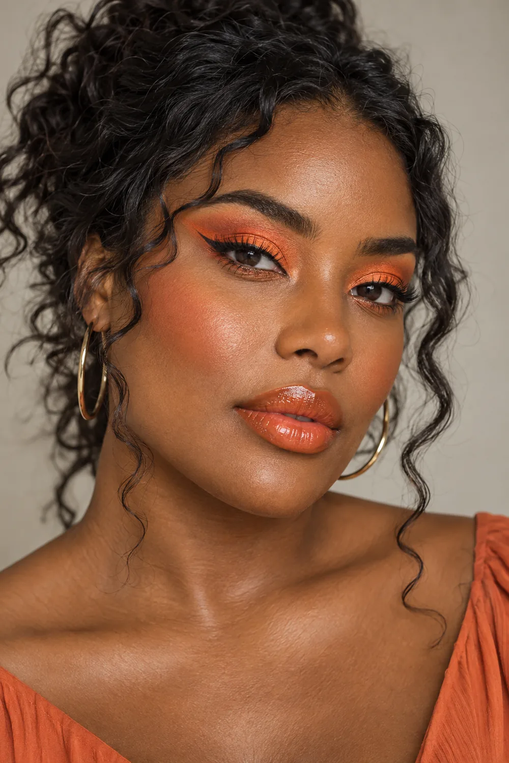 Fictional adult woman with deep brown skin wearing vivid tangerine-peach elongated eye shadow, fine black liner, peach lower-lash accents, sculpted peach blush, and glossy orange-peach lips.