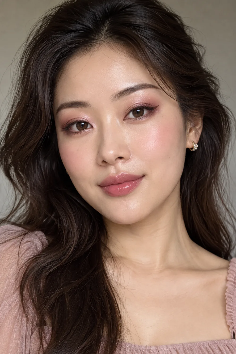 Adult East Asian woman with petal pink shimmer eyeshadow, rose crease color, fine brown winged liner, rosy cheek blush, and sheer rose satin lips.