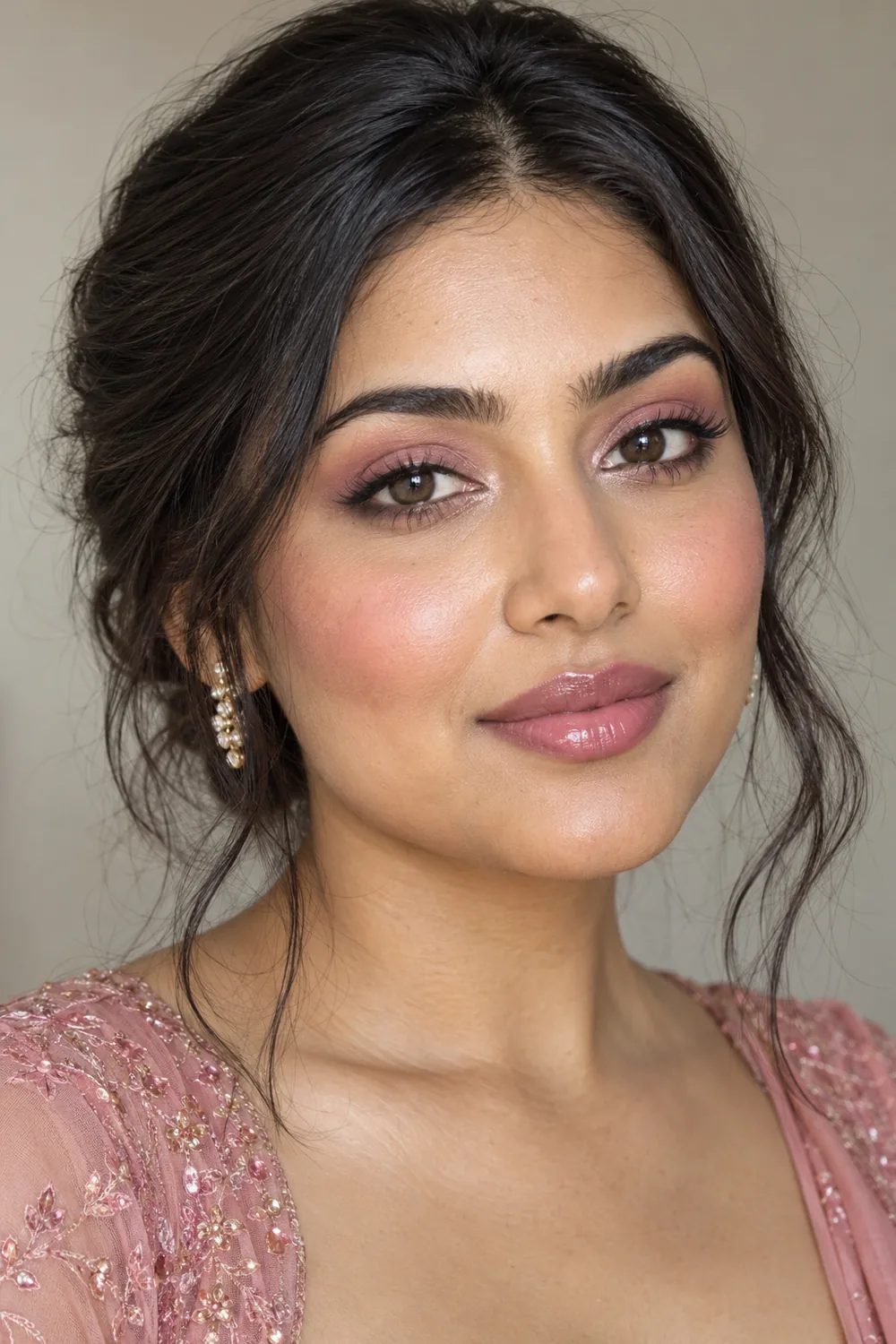 South Asian adult woman with matte cool-pink eyeshadow, icy inner-corner shimmer, close-fitting liner, rosy cheek blush and glossy mauve-pink lips.