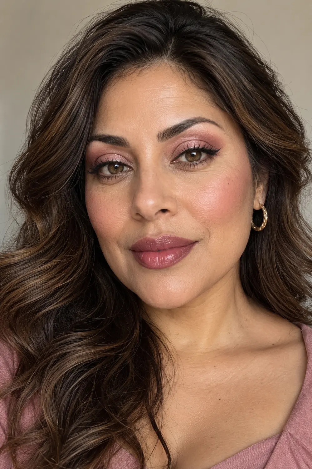 Adult woman with pale pink satin eyelids, a blended rose crease, fine brown liner, rosy cheek color, and deep rose satin lipstick.