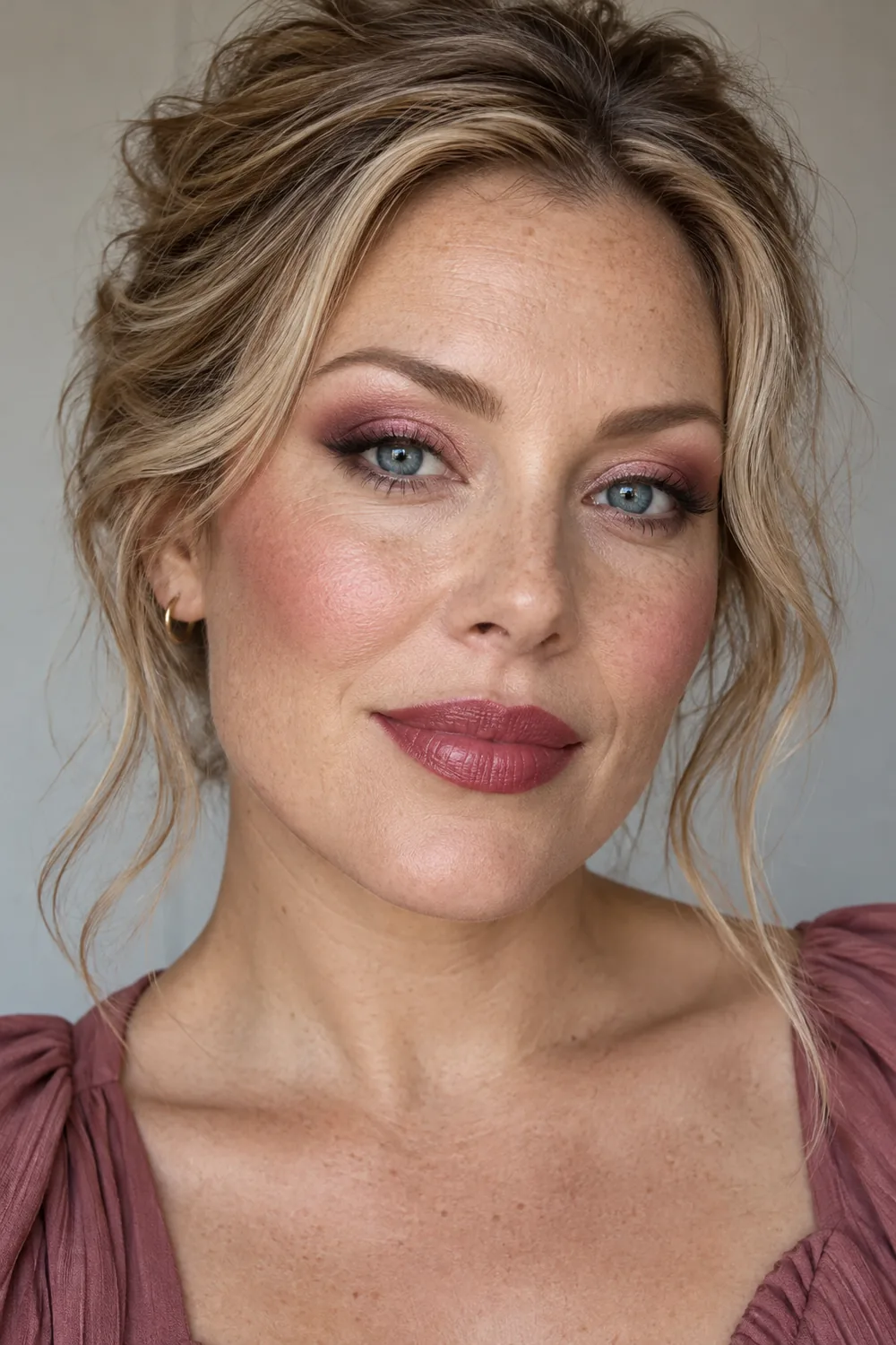 Adult woman with freckles and blue-gray eyes wearing rose shadow, pink shimmer lids, softly smoked liner, rosy blush, and berry-rose satin lipstick.