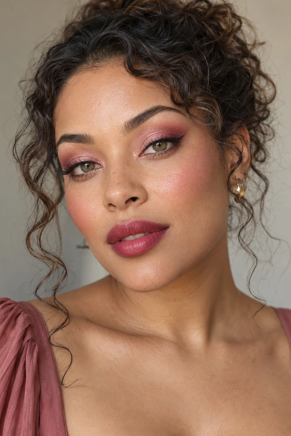 Adult woman with warm pink and raspberry-rose two-tone lids, fine winged liner, rosy upper-cheek blush, and a softly blurred raspberry lip stain.