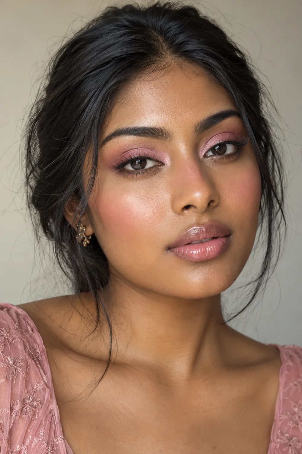 Adult South Asian woman with pink-to-rose eyeshadow, brown lash-line liner, soft pink blush across her cheeks and nose bridge, and glossy pale pink lips.
