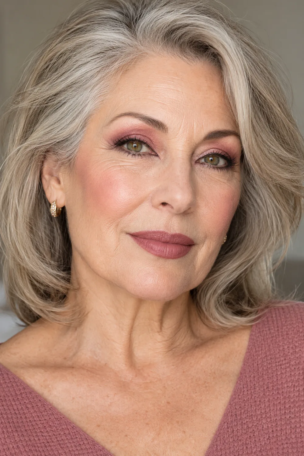 Mature woman with hazel eyes, broad matte rose-pink shadow, fine inward-accented liner, low diffused blush, and rose-brown lipstick.