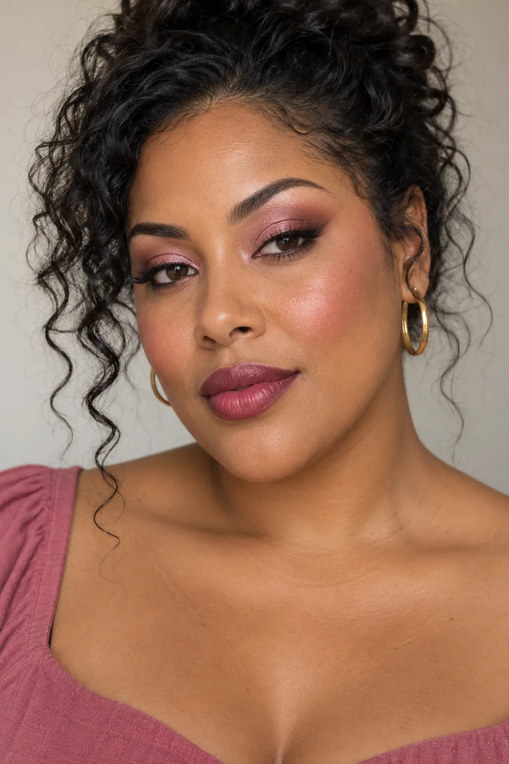Adult woman with brown eyes wearing rosy shimmer, rose-brown smoked cat-eye shadow, lifted pink blush, and deep pink-plum satin lipstick.