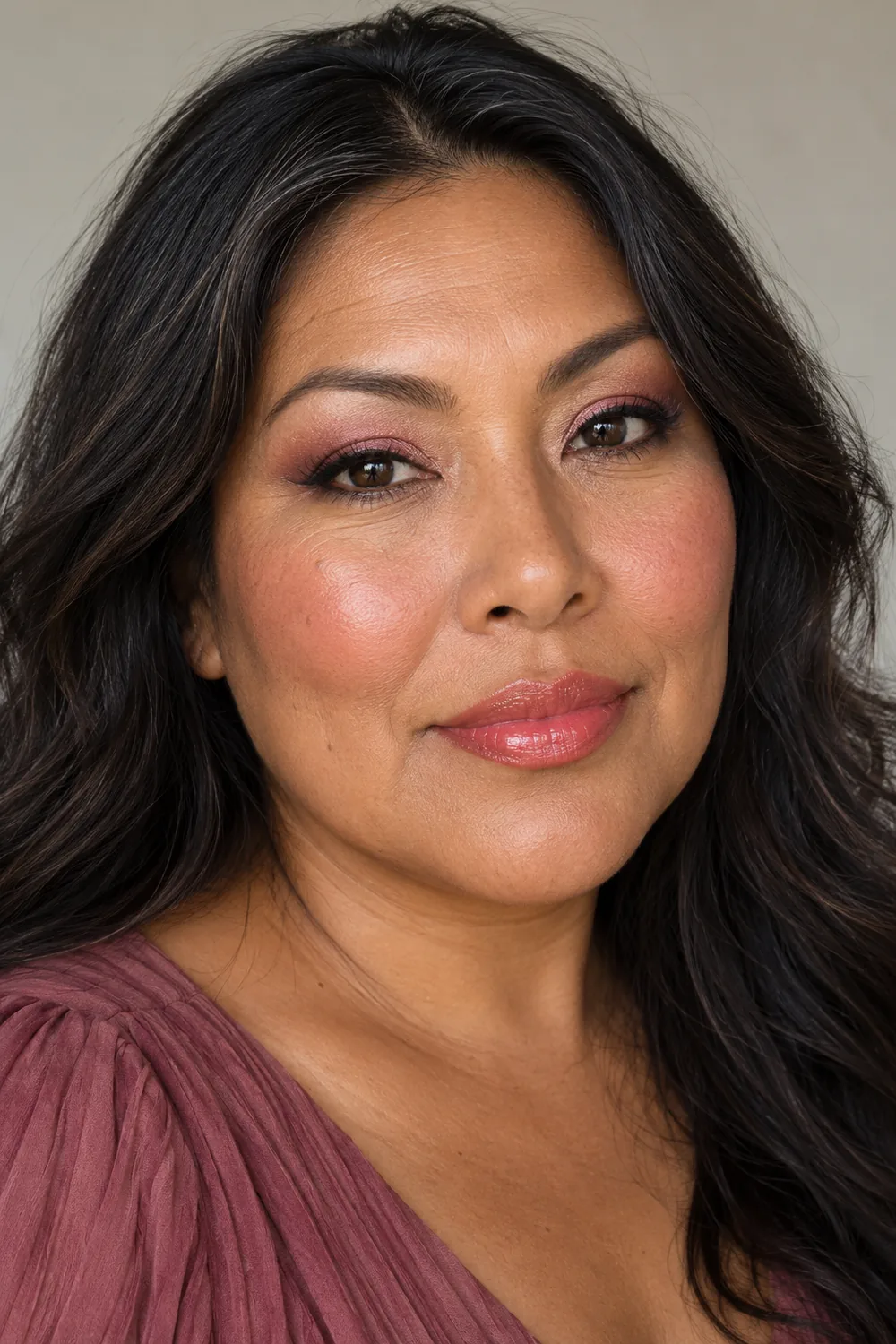 Close vertical portrait of an adult woman with blush-pink eye shadow, a muted rose crease, softly lined eyes, rosy inner-cheek blush, and glossy coral-rose lips.
