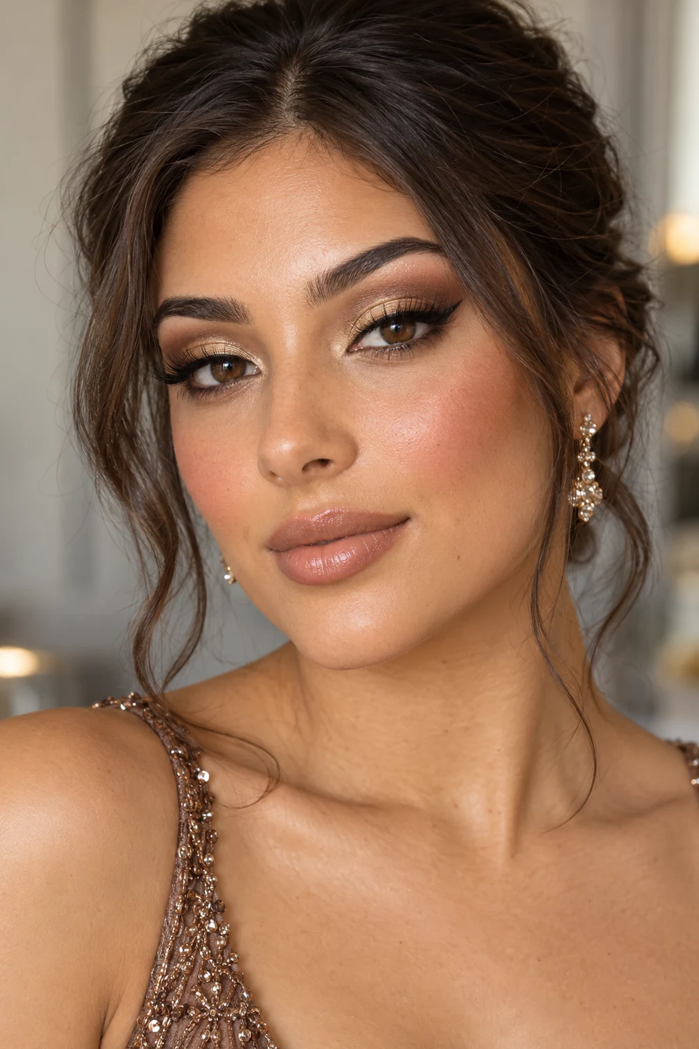 Fictional adult woman with brown eyes wearing deep bronze cut-crease shadow, antique-gold lids, fine black winged liner, warm rose blush, and beige-nude lipstick.