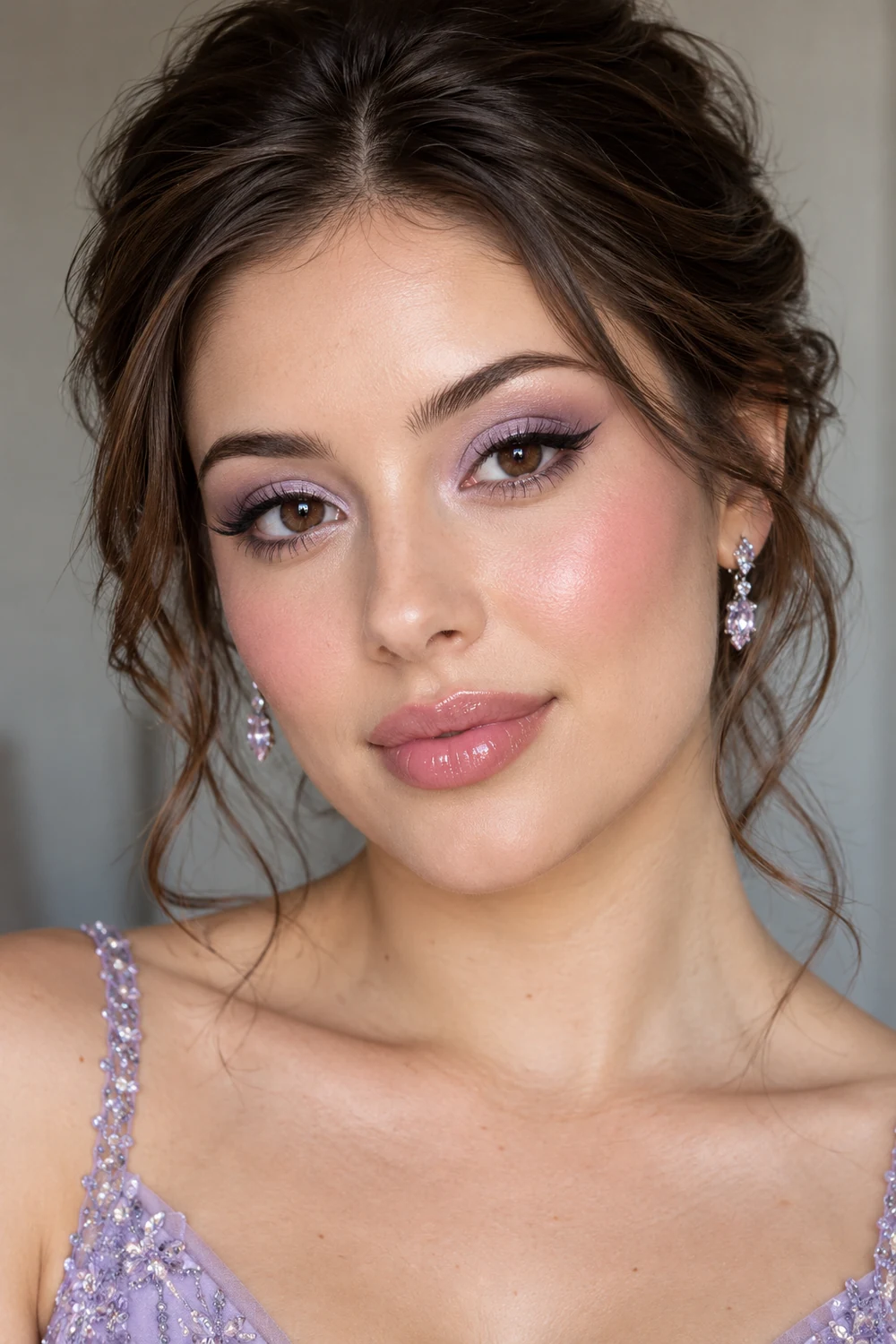Fictional adult woman with brown eyes wearing diffused lavender eyeshadow, a fine charcoal wing, rosy pink blush, and glossy petal-pink lips.
