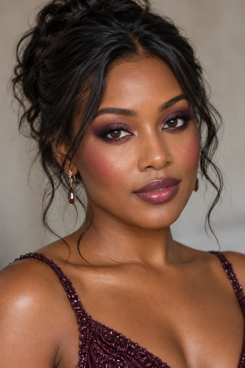A fictional adult woman with brown eyes and deep brown skin wears plum outer-corner shadow, smudged liner, berry blush, and satin mauve-berry lipstick.