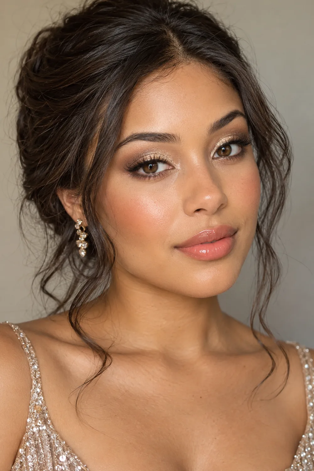 Fictional adult woman with brown eyes wearing champagne halo eyeshadow, rounded brown liner, peach blush, and sheer coral gloss in a formal beauty portrait.