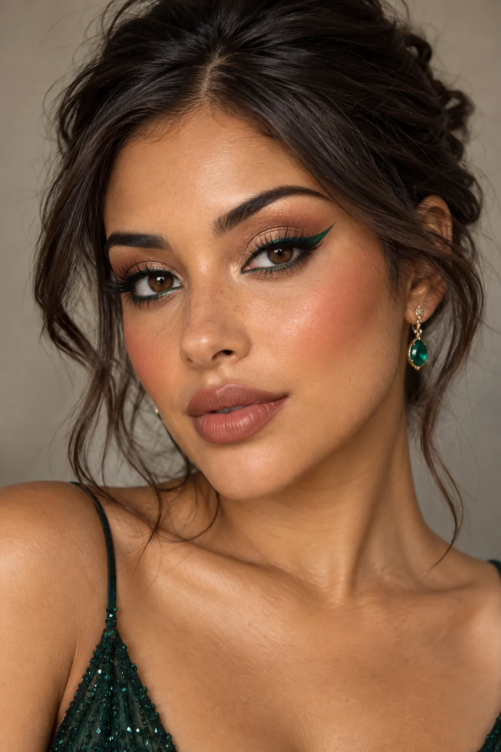 Fictional adult woman with brown eyes wearing bronze lid shadow, an emerald liner wing, terracotta blush, and rose-brown satin lipstick.