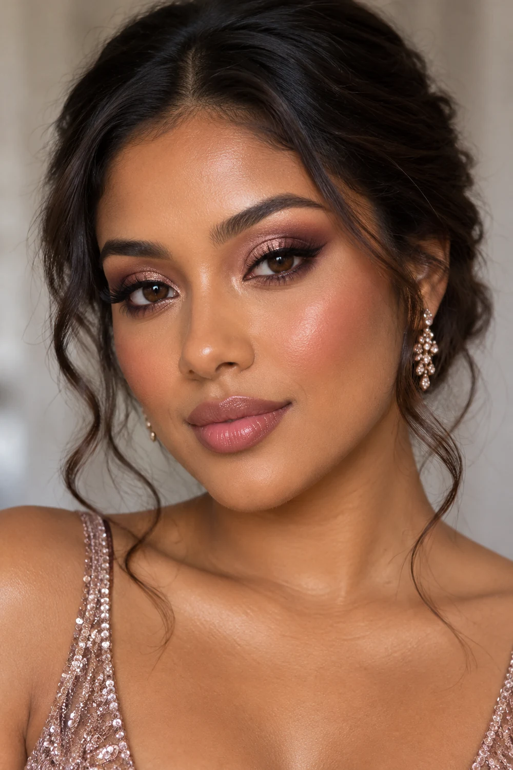 Fictional adult woman with brown eyes wearing rose-gold shimmer, plum-brown tapered liner, dusty rose blush, and muted pink satin lipstick.