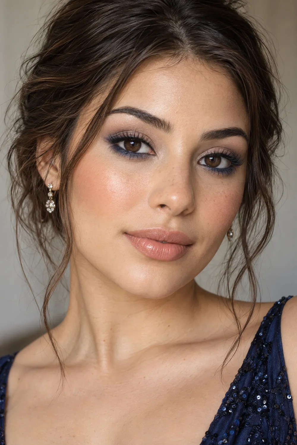 Fictional adult woman with brown eyes, pale taupe lids, navy lower-lash shadow, slim black liner, apricot blush, and peachy nude lips.