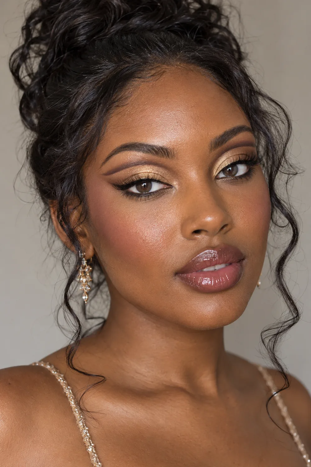 Close portrait of a fictional adult woman with brown eyes, soft gold eyeshadow, a floating brown crease arc, mauve blush, and glossy plum lips.