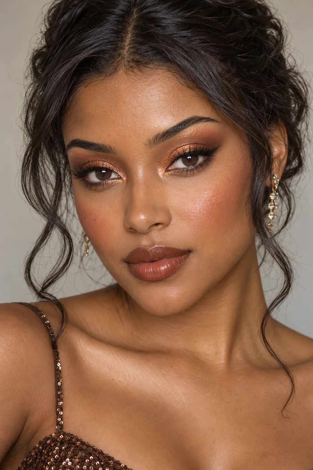 Fictional adult woman with brown eyes wearing copper inner-corner shadow fading to chocolate, short brown liner, cinnamon blush, and deep caramel satin lipstick.