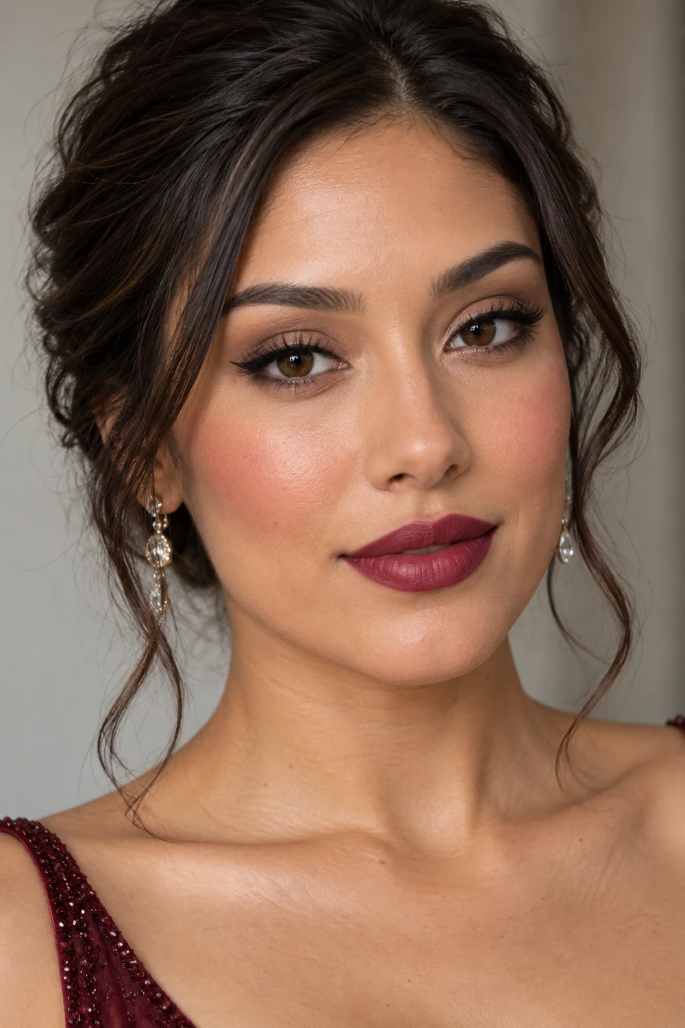 Fictional adult woman with brown eyes wearing matte taupe shadow, elongated black liner, cool rose blush, and vivid berry lipstick.
