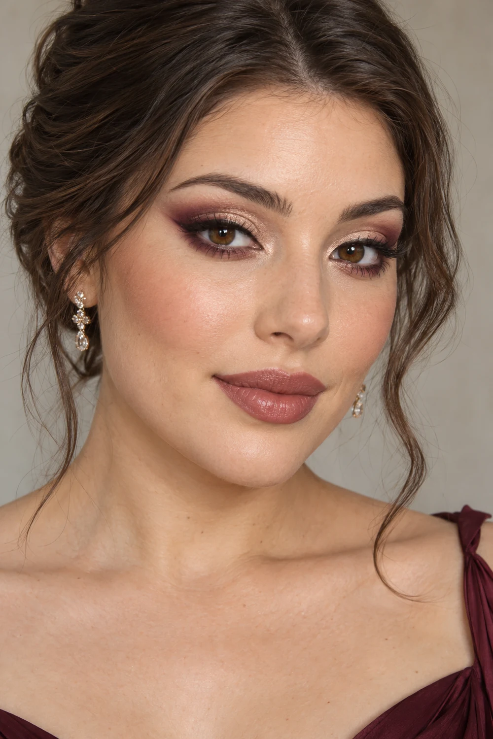 Close portrait of an adult woman with brown eyes wearing champagne lids, burgundy winged shadow, soft beige blush, and muted rose-brown satin lipstick.