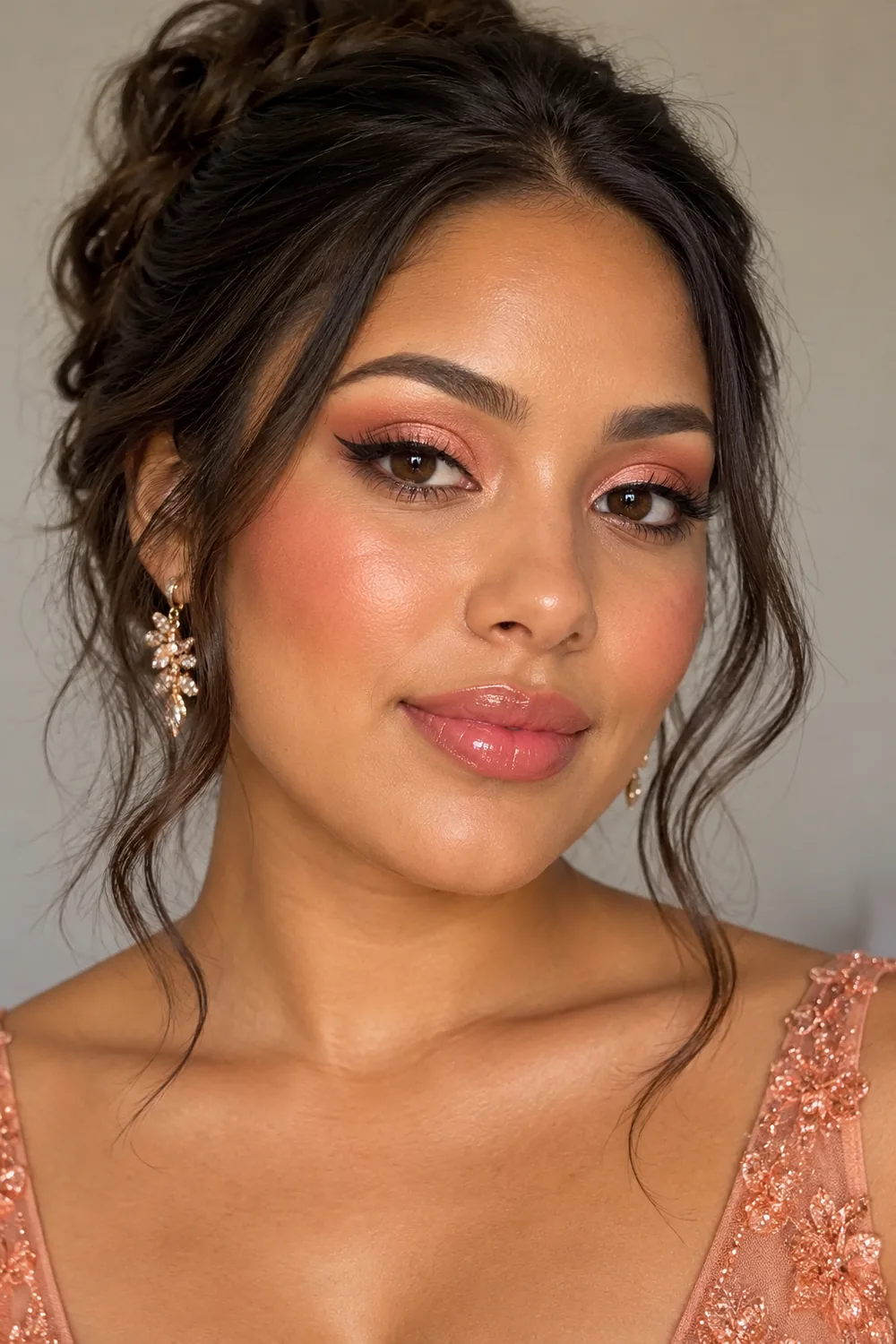 Fictional adult woman with brown eyes wearing peach shimmer and a rounded matte peach crease, dark brown winged liner, coral blush, and warm pink gloss.