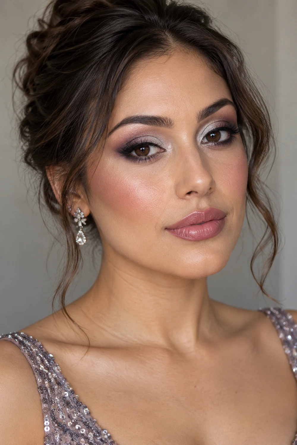 A fictional adult woman with brown eyes wearing silver inner-lid shimmer, mauve shadow, smoked charcoal liner, plum-rose blush, and a sheer cool-pink lip.