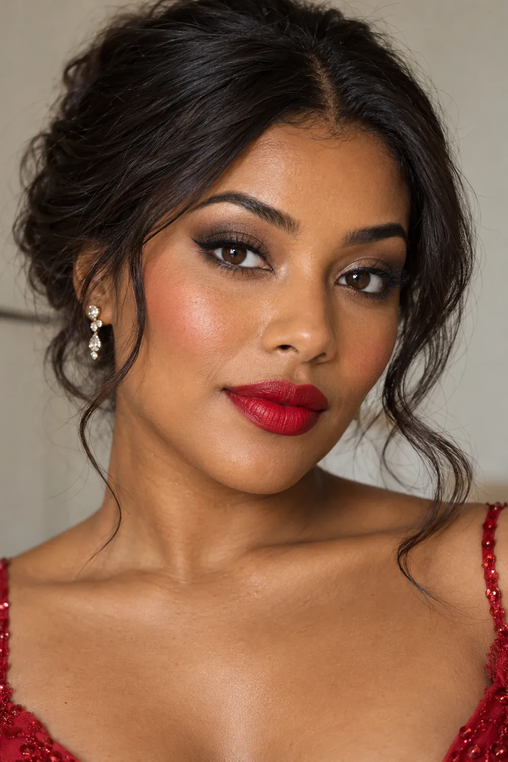 Beauty-editorial portrait of an adult woman with brown eyes wearing a soft black and warm taupe smoky eye, lifted liner, muted peach blush, and red satin lipstick.