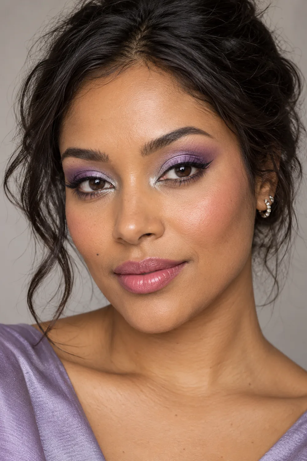 Close portrait of an adult woman with pale lilac eyeshadow, violet creases, silver inner-corner highlights, rose blush, and pink satin lipstick.