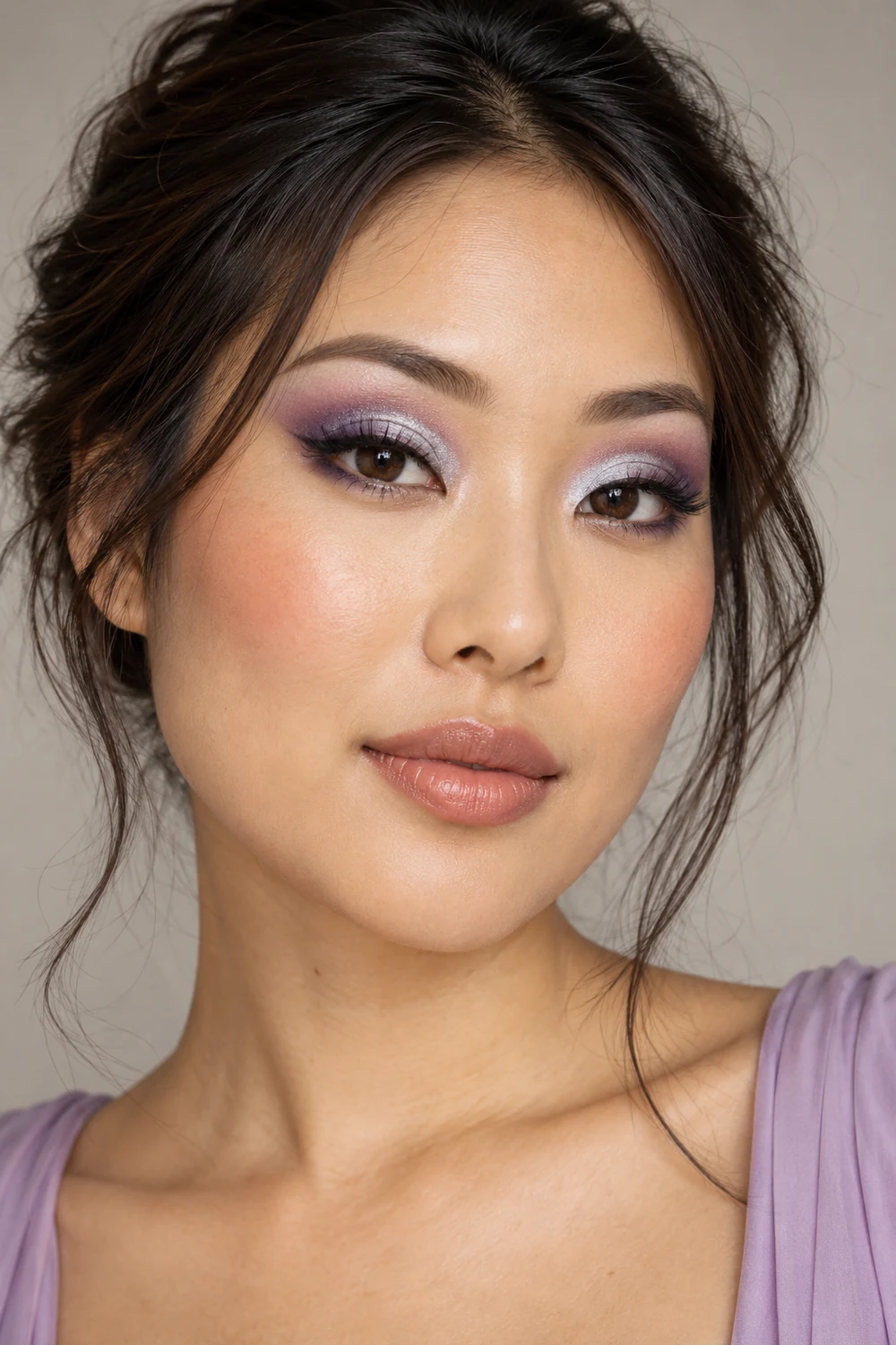 Close studio portrait of an adult East Asian woman wearing a violet crease, shimmering silver-lilac eyelids, peach blush, and muted nude lipstick.