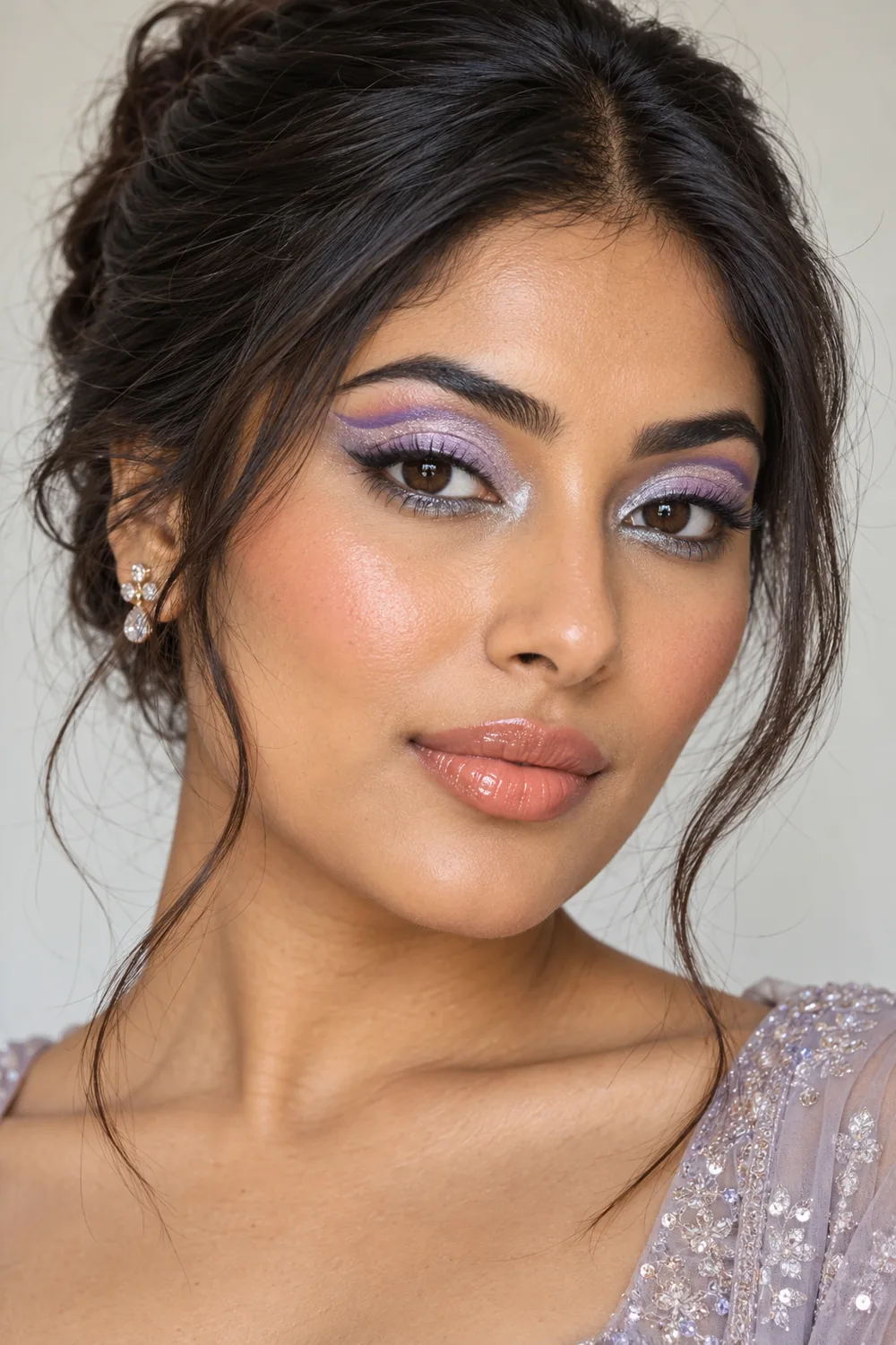 Photorealistic portrait of an adult South Asian woman with lilac lids, silver inner corners and lower lash line, floating violet liner, apricot blush, and glossy peach lips.