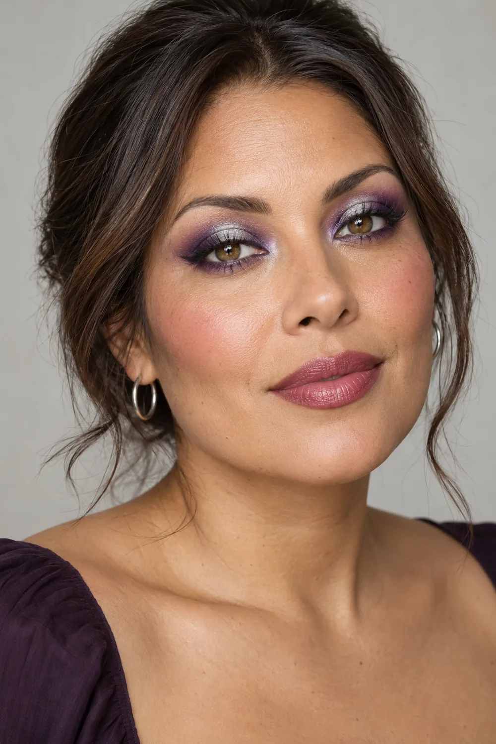 Fictional adult woman with violet and silver halo eyeshadow, plum liner, mauve blush, and rosewood lipstick.