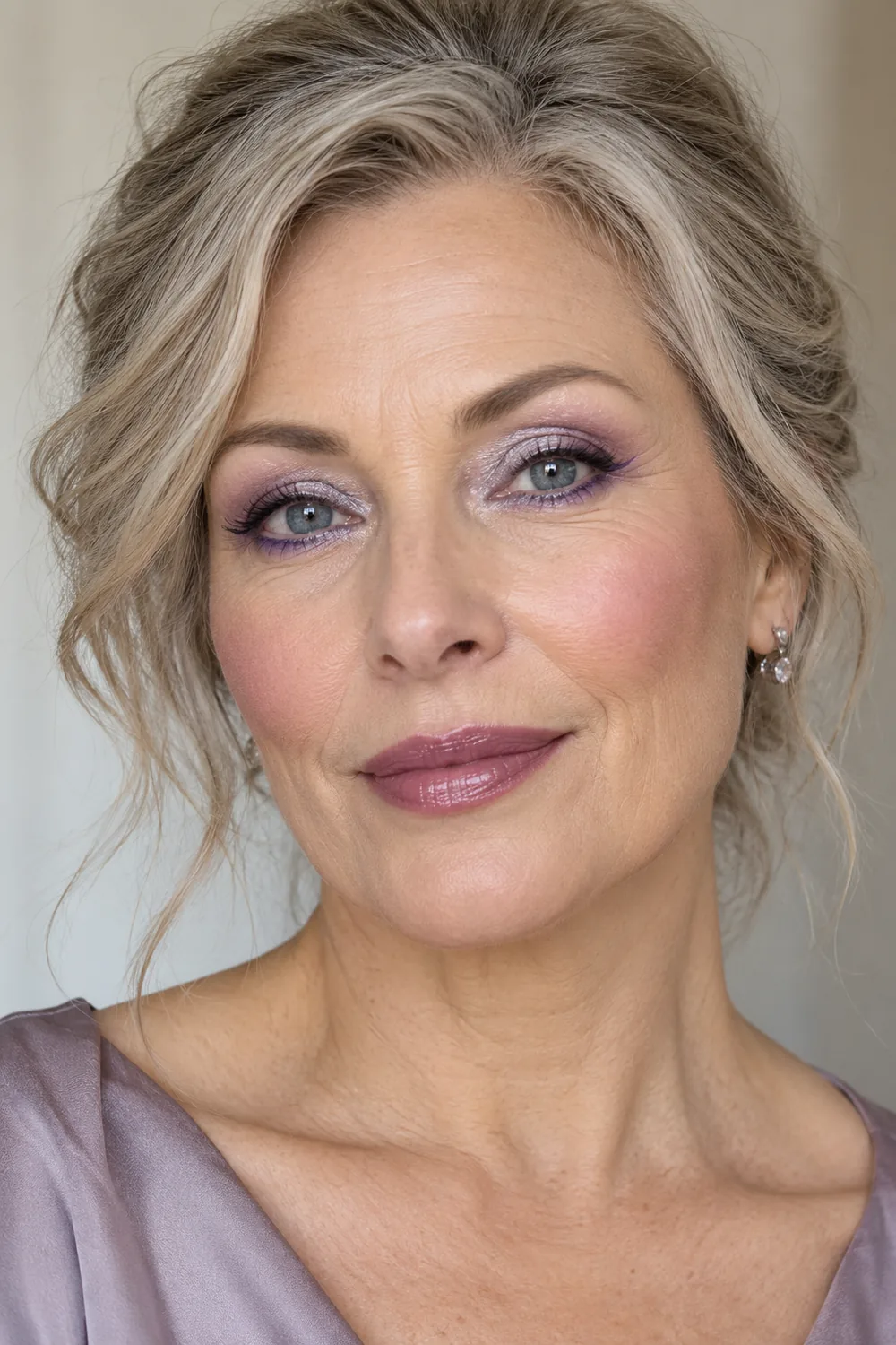 Close portrait of a mature woman with lilac and silver eyeshadow, extended violet lower liner, cool pink blush, and plum tinted balm.