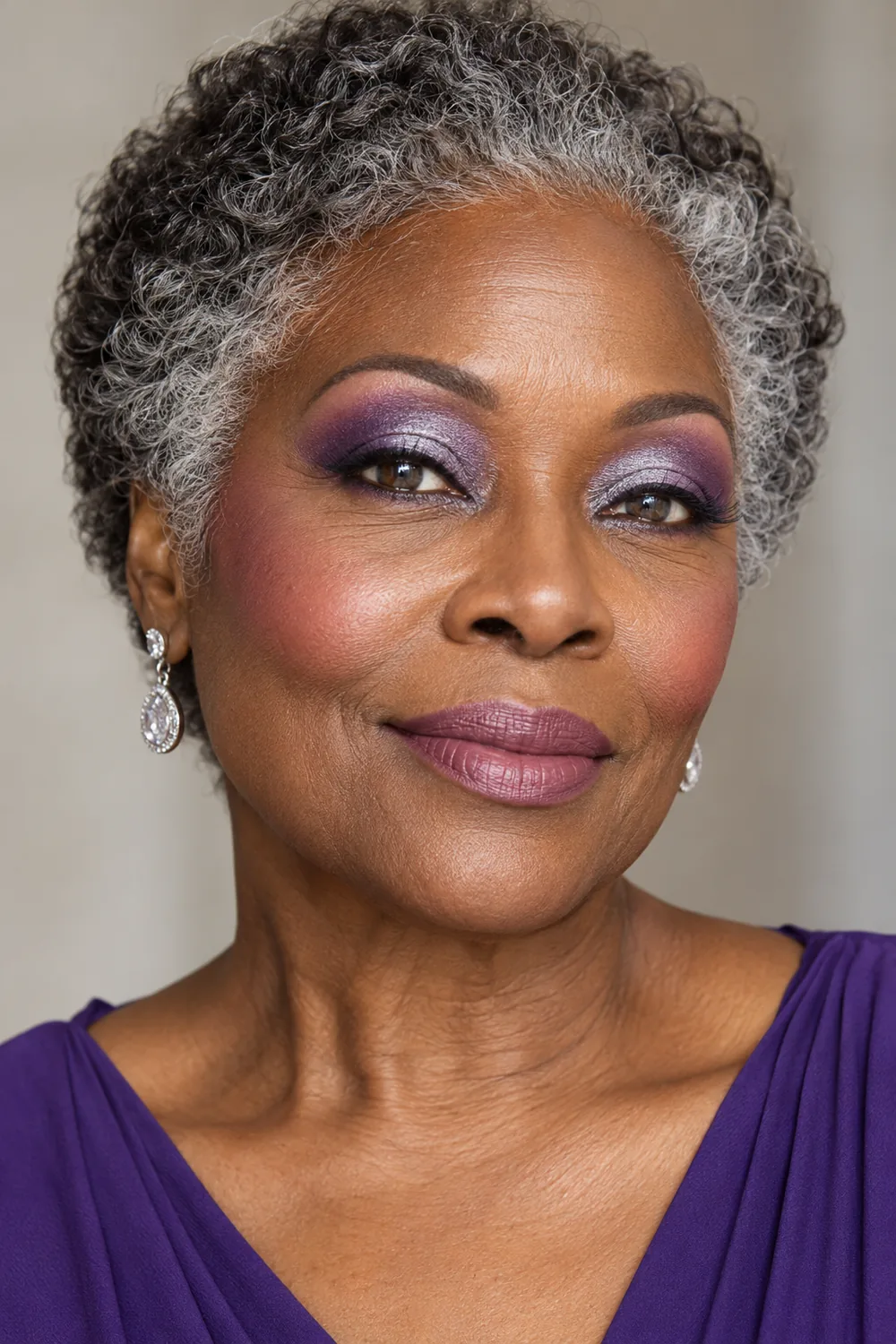 Mature Black woman with reflective silver lids, violet crease shadow, plum upper liner, rose blush, and mauve lipstick.