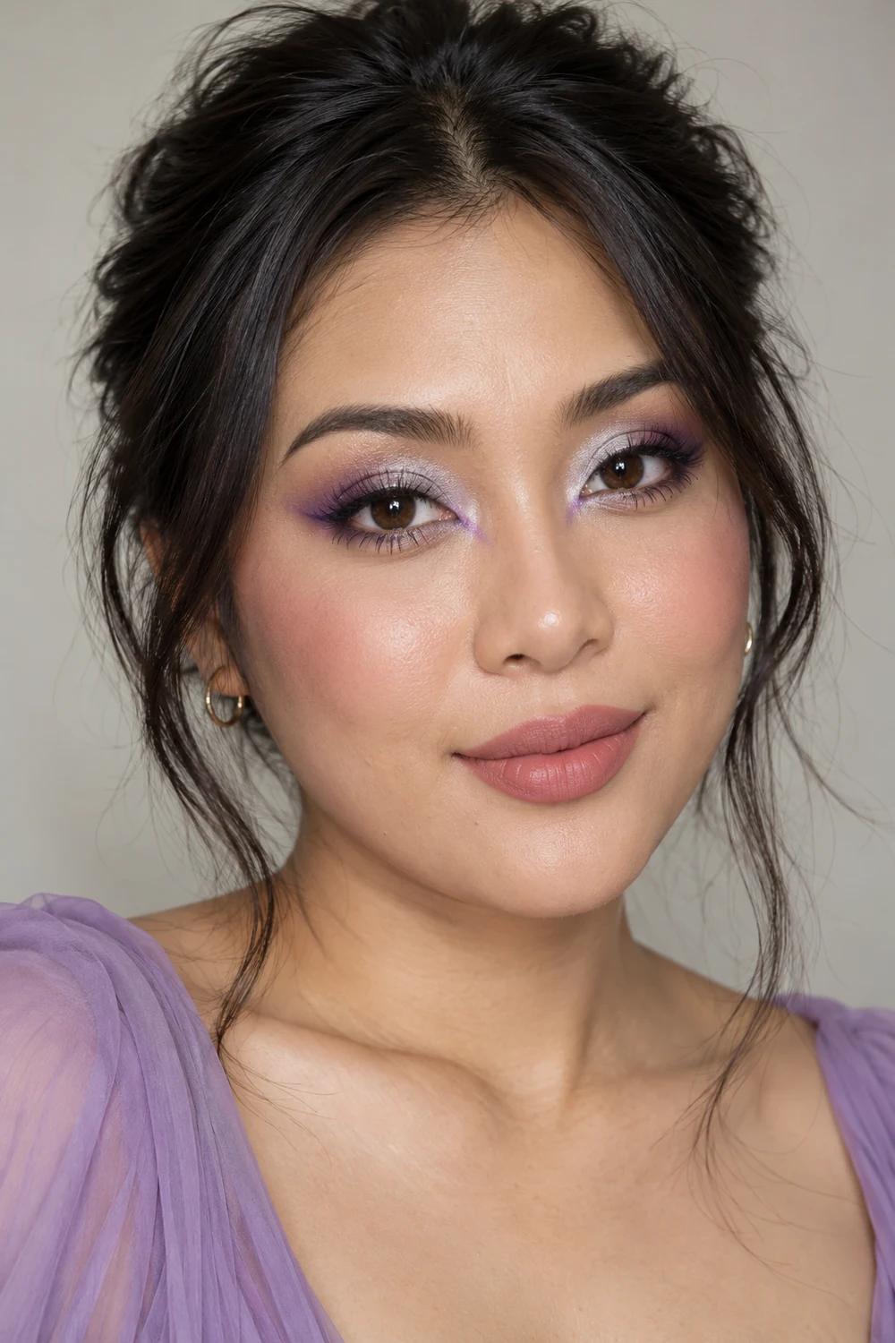 Photorealistic head-and-shoulders portrait of an adult woman wearing lilac outer-lid shadow, silver center and inner-corner shimmer, violet inner-corner wings, berry blush, and muted pink lipstick.