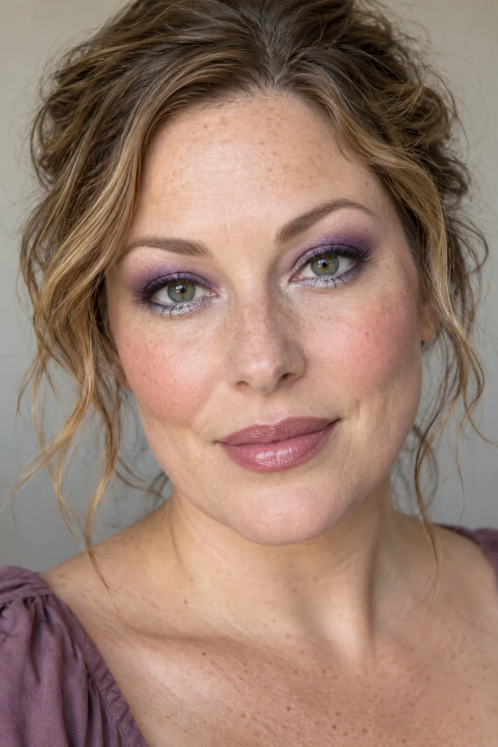 Freckled adult woman with green eyes, matte violet lids, silver beneath the lower lashes, rose blush, and rosewood gloss.