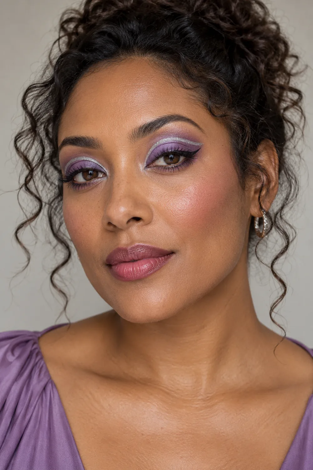 Photorealistic portrait of an adult woman wearing violet lid shadow, silver crease arcs, black kitten flicks, dusty pink blush, and berry lip stain.