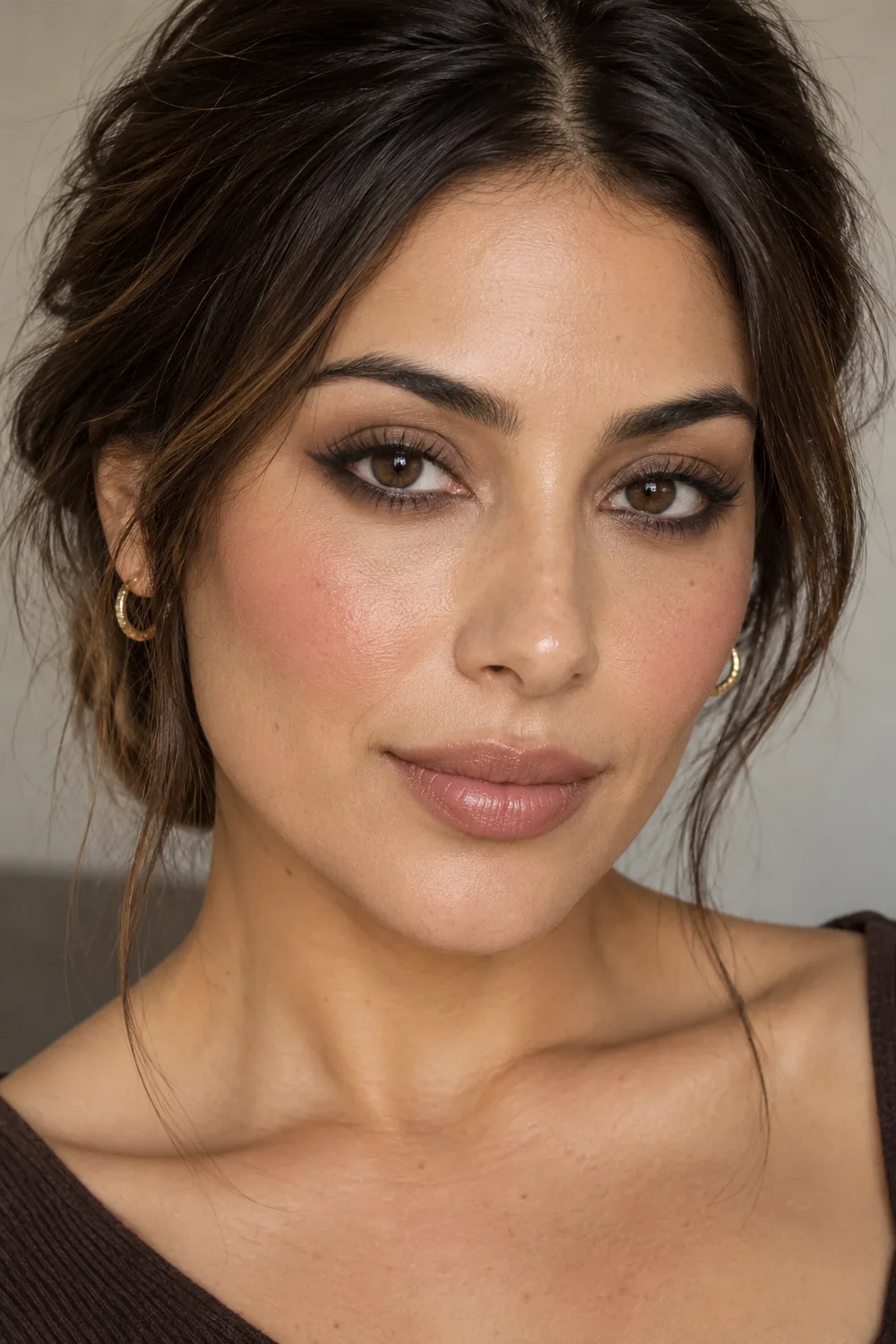 Adult woman with taupe shadow under the lower lashes and outward wings, rose blush, and nude lipstick.