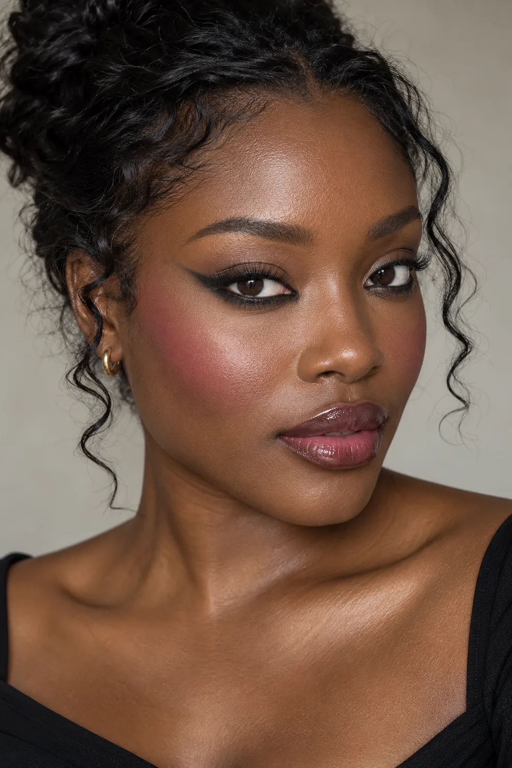 Adult Black woman with open dark brown eyes, wearing a crisp charcoal lower-lash wing, cool pink blush, and glossy berry lips.