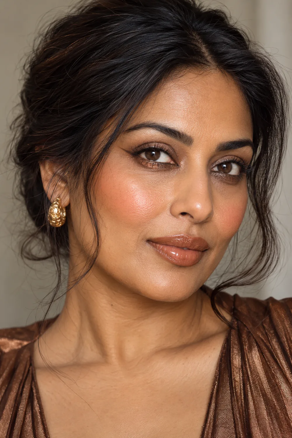 Close portrait of an adult South Asian woman with open dark eyes, bronze lower-lash shimmer, espresso outward lower wings, apricot blush, and glossy caramel lips.