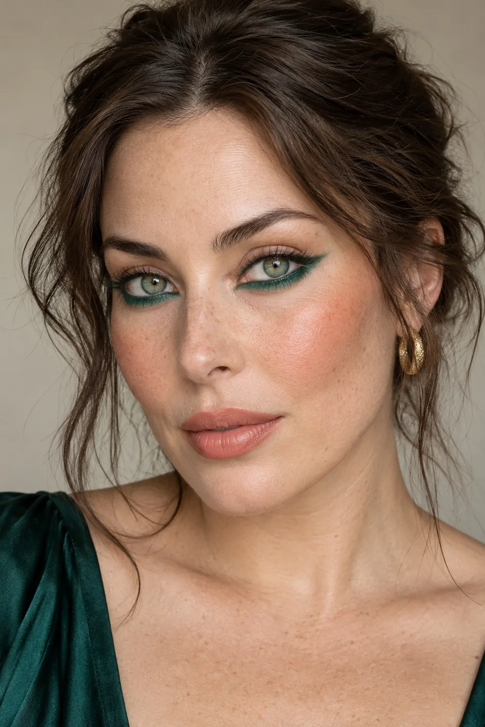Adult woman with green eyes and freckles wearing emerald lower-lash shadow wings, terracotta blush, and muted peach lipstick.