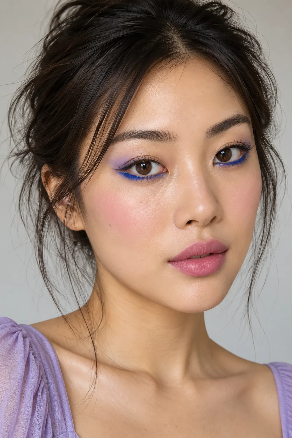 East Asian adult woman with open brown eyes, vivid cobalt lower-lash wings, pale lavender outer-lid shadow, mauve blush, and pink lipstick.