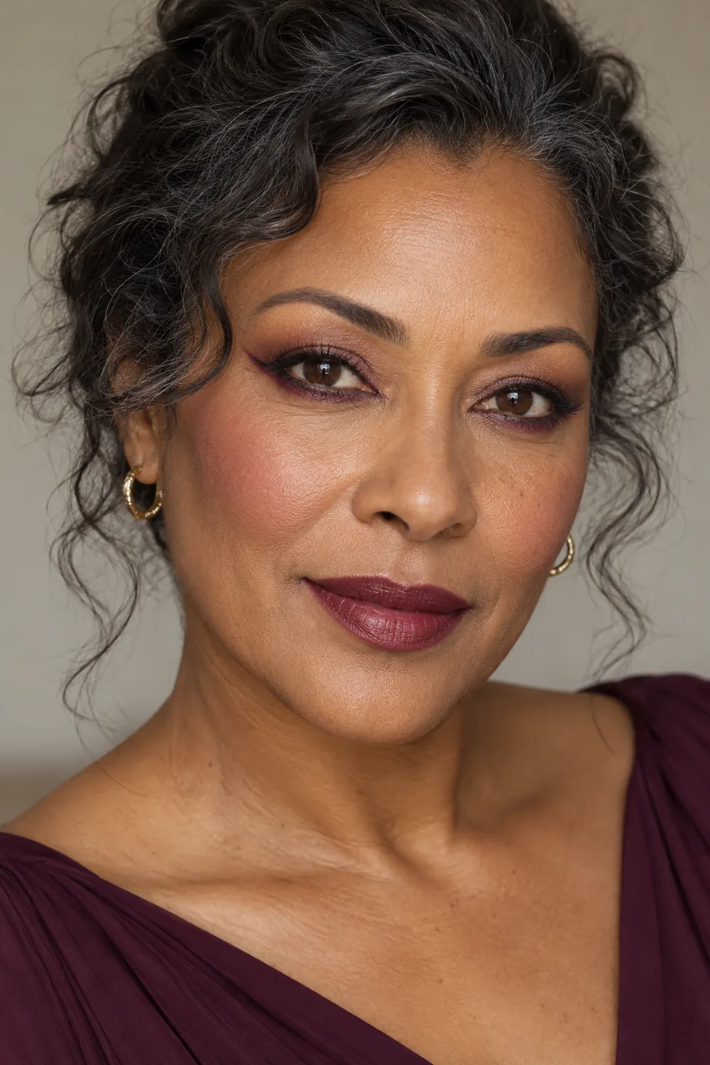 Mature woman with open brown eyes, diffused plum shadow beneath the lashes and winged outward, dusty mauve blush, and deep berry satin lipstick.