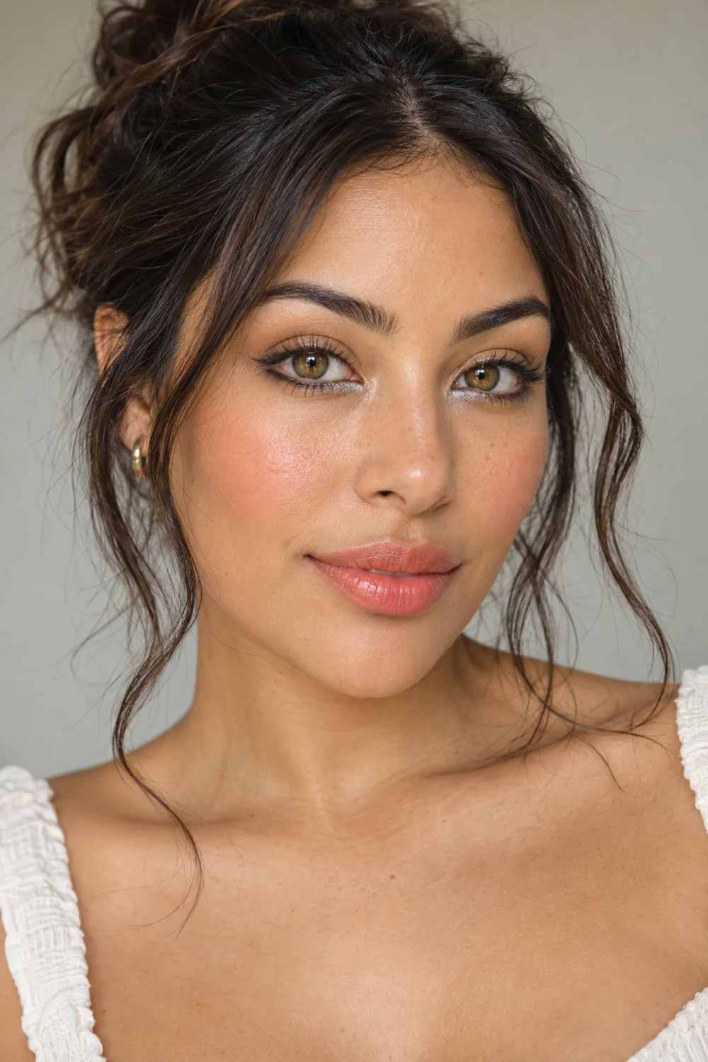 Adult woman with hazel eyes wearing a slim black lower-lash wing, white inner-lower-lash shimmer, peach-pink blush, and sheer coral lip tint.