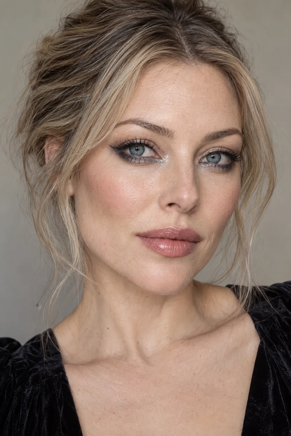 Adult woman with blue-gray eyes wearing silver shimmer beneath the lower lashes, smoky outward lower wings, light blush, and rose gloss.