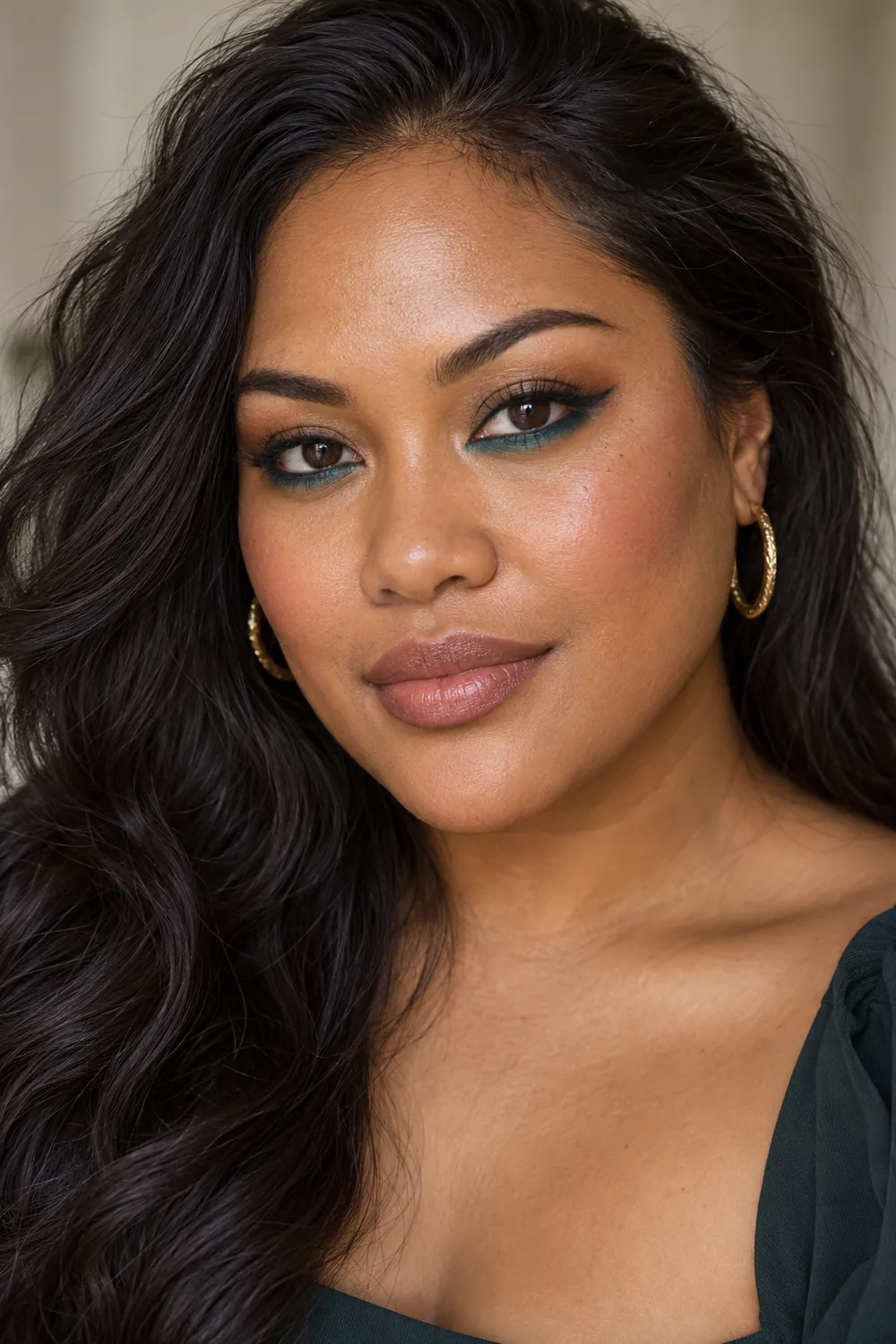 Adult woman with open brown eyes, teal shadow along the lower lash line, black outward wings, bronze lower-corner shading, rosewood blush, and mauve lipstick.
