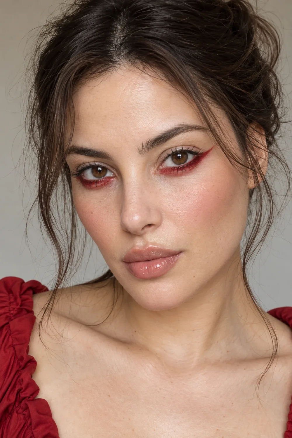 Close portrait of an adult woman with open brown eyes, vivid red lower-lash liner wings, bare upper lids, soft blush, and glossy lips.