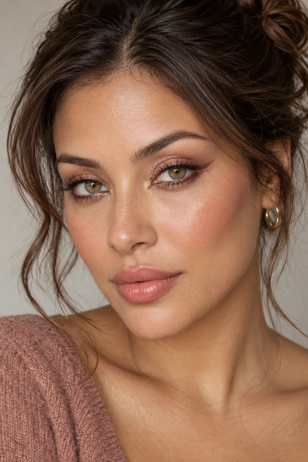 Close beauty portrait of an adult woman with open hazel eyes, rose-gold lower-lash shimmer, fine brown outward wings, rosy cheeks, and peach-pink glossy lipstick.
