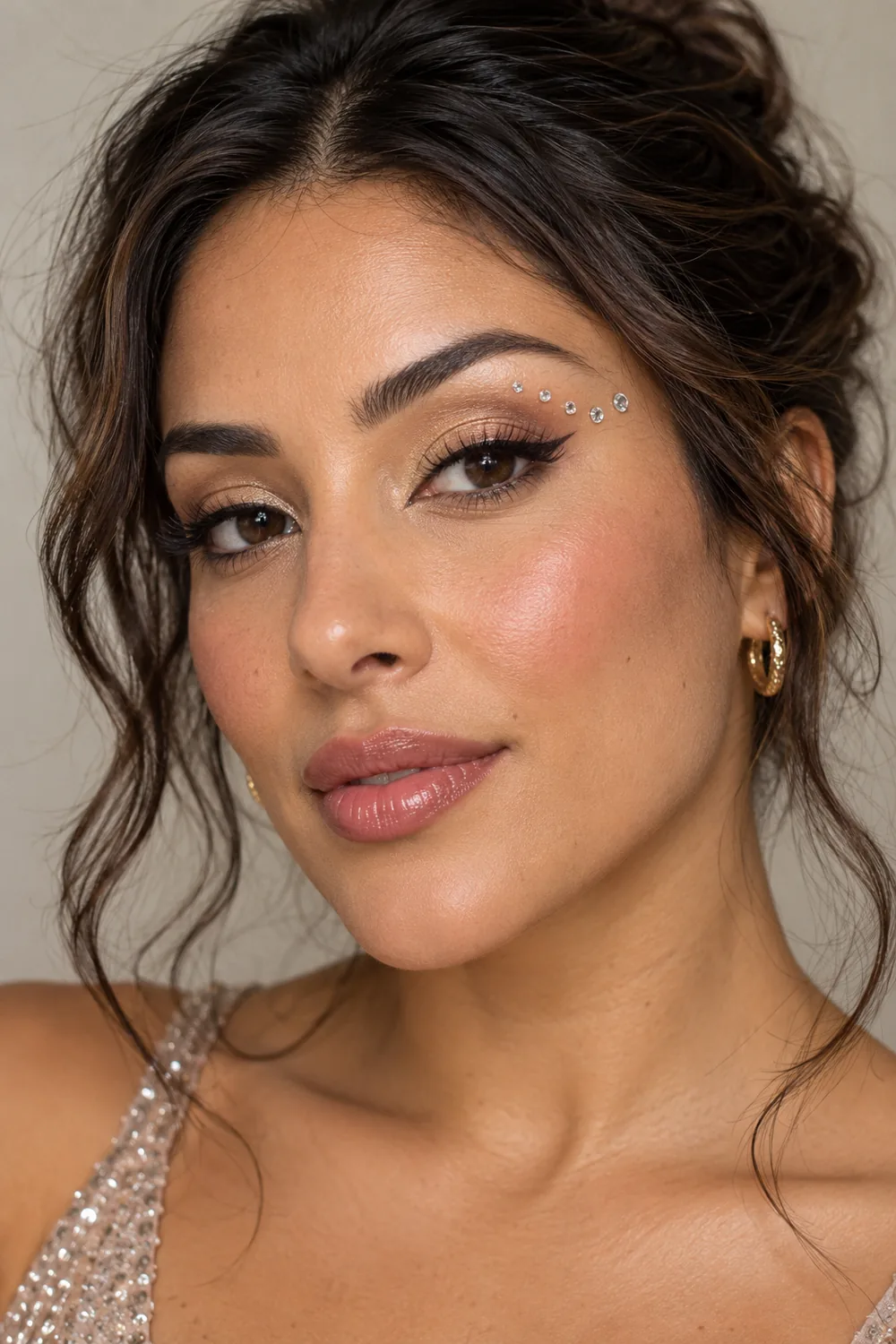 Adult woman with champagne eyeshadow, a fine brown wing, an arc of clear gems above the outer crease, rosy blush, and sheer rose lips.