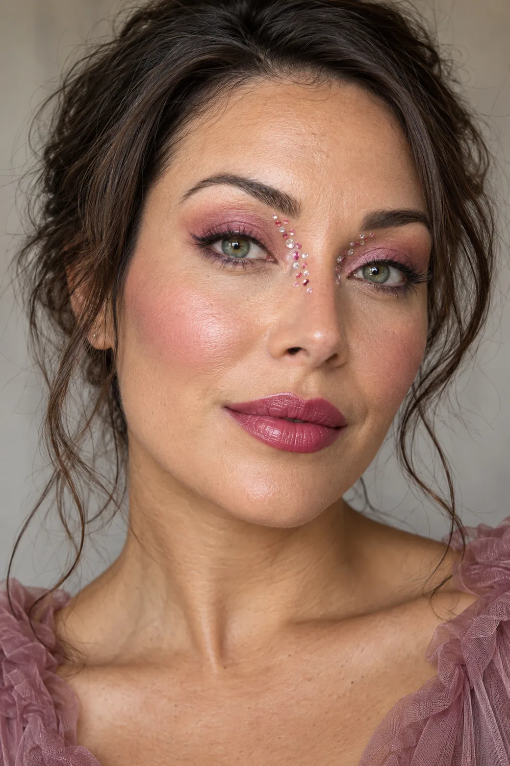 Vertical beauty portrait of an adult woman with green eyes, dusty rose shadow, plum liner, pink and clear crystals sweeping over the upper nose bridge toward the inner brows, cool pink blush, and berry satin lips.