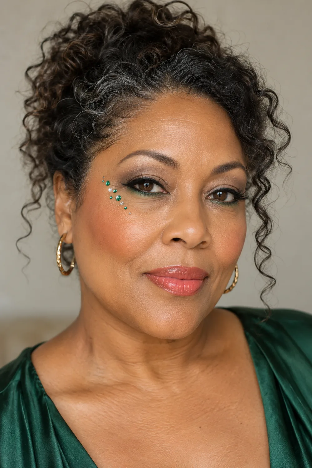 Mature woman with deep golden-brown skin wearing taupe crease shadow, emerald lower-lash color, fine black liner, green-clear cheek gems, apricot blush, and coral lips.