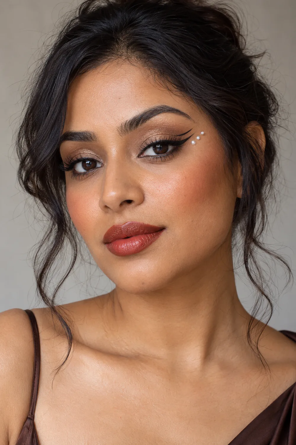 Adult woman in a close beauty portrait with bronze shadow, black double-wing liner, three pearl-like gems at the outer eye, terracotta blush, and brick-red satin lips.