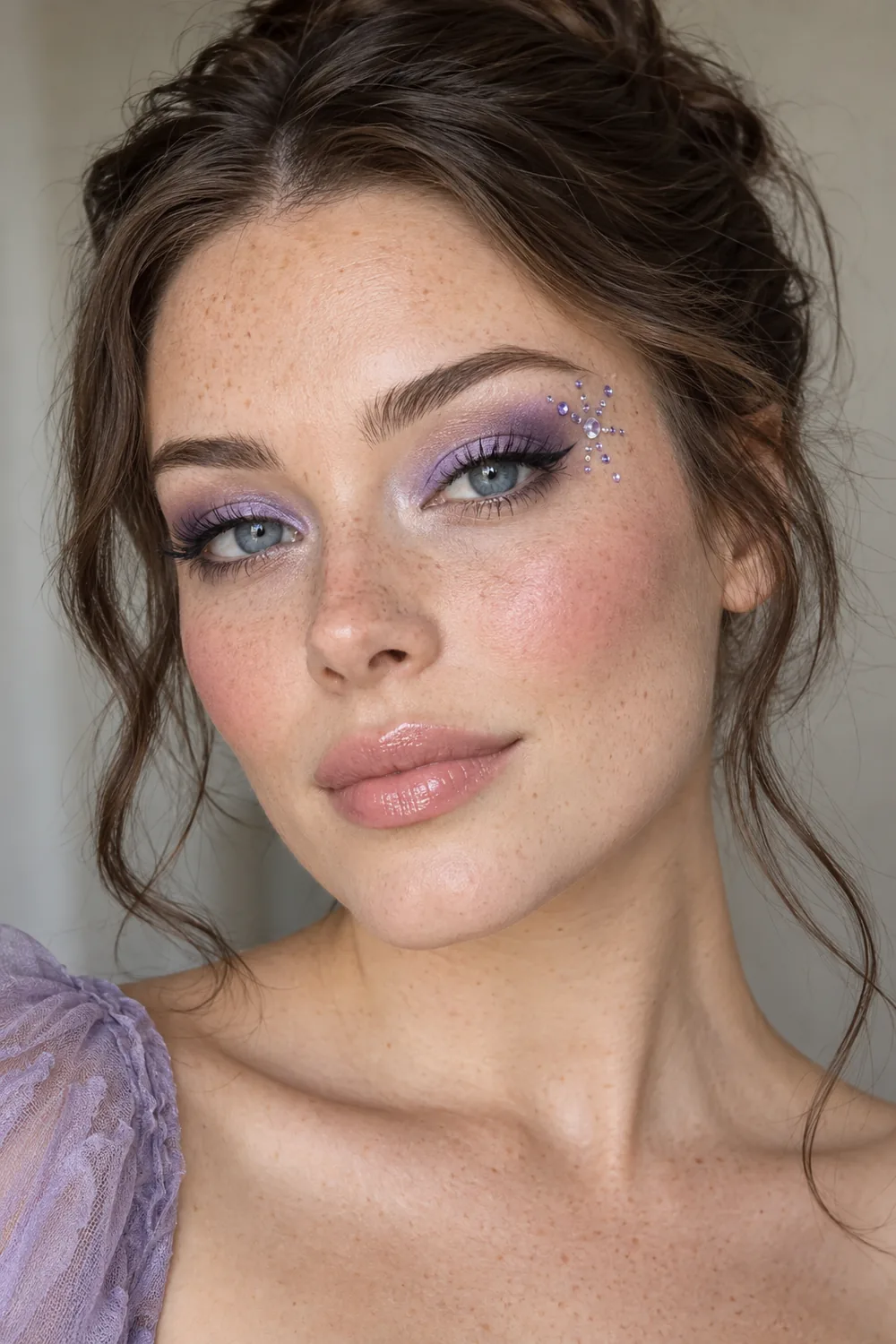 Close beauty portrait of a freckled adult woman with blue-gray eyes, lavender and violet shadow, charcoal winged liner, a lilac and clear gem starburst above one outer crease, mauve blush, and pink gloss.
